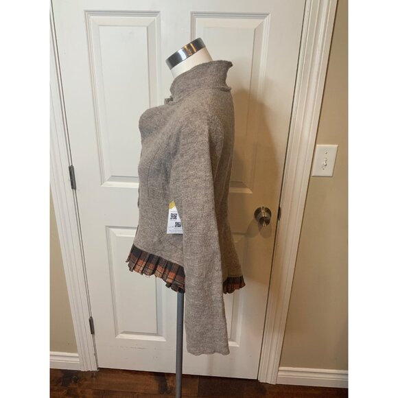 Rosie Neira Light Brown Boiled Wool W/ Pleated Plaid Hem, Size L - Picture 3 of 5